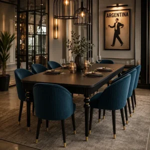 Elegant Brown Dining Table Set with 8 Deep Green Chairs