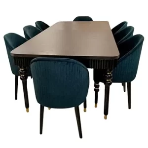 Elegant Brown Dining Table Set with 8 Deep Green Chairs